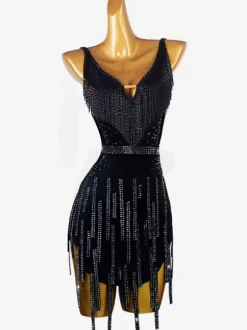 Robes de danse latine noir femmes Lycra Spandex robe Sexy frange danseuse latine Costume de danse