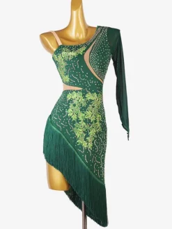 Robes De Danse Latine Vert Foncé Femmes Strass Frange Une Épaule Nu Sexy Lycra Spandex Robe Danse Costume