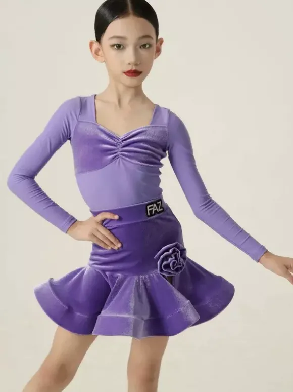 Robes de danse latine violettes à manches longues pour filles et femmes robe sculptante pour la danse latine
