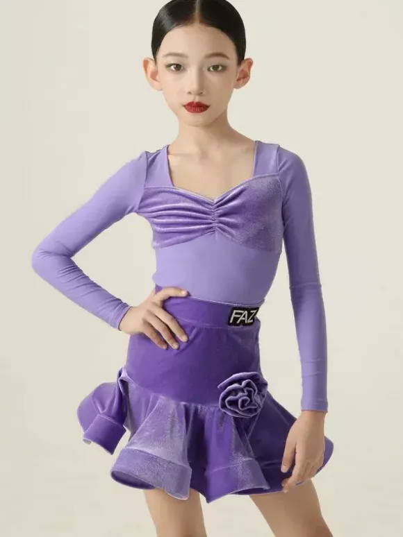 Robes de danse latine violettes à manches longues pour filles et femmes robe sculptante pour la danse latine