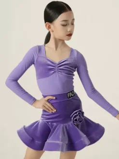 Robes de danse latine violettes à manches longues pour filles et femmes robe sculptante pour la danse latine
