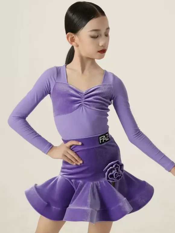 Robes de danse latine violettes à manches longues pour filles et femmes robe sculptante pour la danse latine