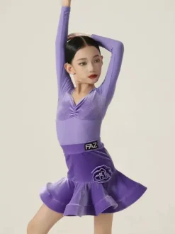 Robes de danse latine violettes à manches longues pour filles et femmes robe sculptante pour la danse latine