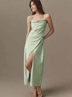 Robes de demoiselle d'honneur en soie élastique comme du satin gaine longueur thé robes formelles