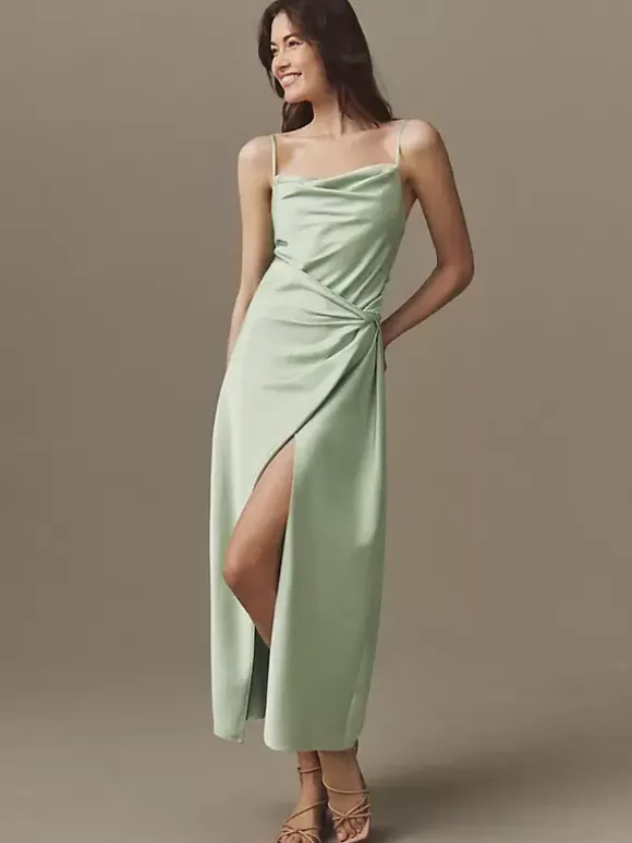 Robes de demoiselle d'honneur en soie élastique comme du satin gaine longueur thé robes formelles