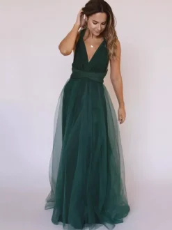 Robes de demoiselle d'honneur cyan en tulle A-line col en V longueur au sol fermeture éclair robe de soirée de mariage