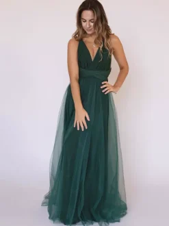 Robes de demoiselle d'honneur cyan en tulle A-line col en V longueur au sol fermeture éclair robe de soirée de mariage