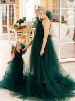 Robes de demoiselle d'honneur de mariage Robes pour occasions spéciales Émeraudes Manches longues À volants