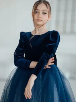 Robes de demoiselle d'honneur de mariage Robes pour occasions spéciales Bleu marine foncé Manches longues N艙uds