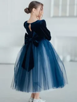 Robes de demoiselle d'honneur de mariage Robes pour occasions spéciales Bleu marine foncé Manches longues N艙uds