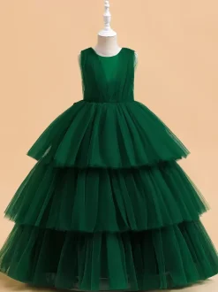 Robes de demoiselle d'honneur blanches robes d'occasion spéciale en Tulle vert foncé sans manches col bijou robes de demoiselle d'honneur
