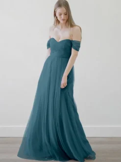 Robes de demoiselle d'honneur trapèze robe de soirée de mariage en tulle longueur au sol fermeture éclair