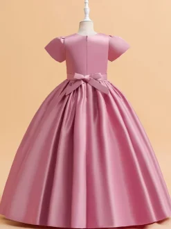 Robes de demoiselle d'honneur blanches robes d'occasion spéciale tissu en Satin rose camée manches courtes col bijou robes de demoiselle d'honneur