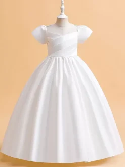 Robes de demoiselle d'honneur blanches robes d'occasion spéciale tissu en Satin rose camée manches courtes col bijou robes de demoiselle d'honneur