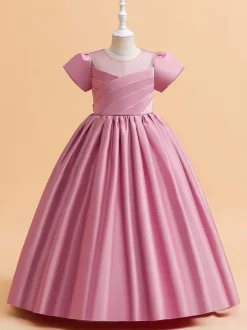 Robes de demoiselle d'honneur blanches robes d'occasion spéciale tissu en Satin rose camée manches courtes col bijou robes de demoiselle d'honneur