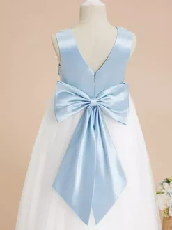 Robes de demoiselle d'honneur de mariage robes d'occasion spéciale bleu bébé n艙uds sans manches