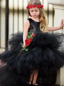Robes de demoiselle d'honneur de mariage Robes pour occasions spéciales Robes noires sans manches à volants