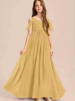 Robes de demoiselle d'honneur blanches Robes pour occasions spéciales Robes de demoiselle d'honneur en mousseline de soie ivoire sans manches à col en c艙ur