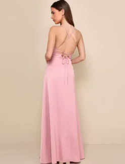 Robes de demoiselle d'honneur roses ligne a dos ouvert fente haute robe de soirée de mariage