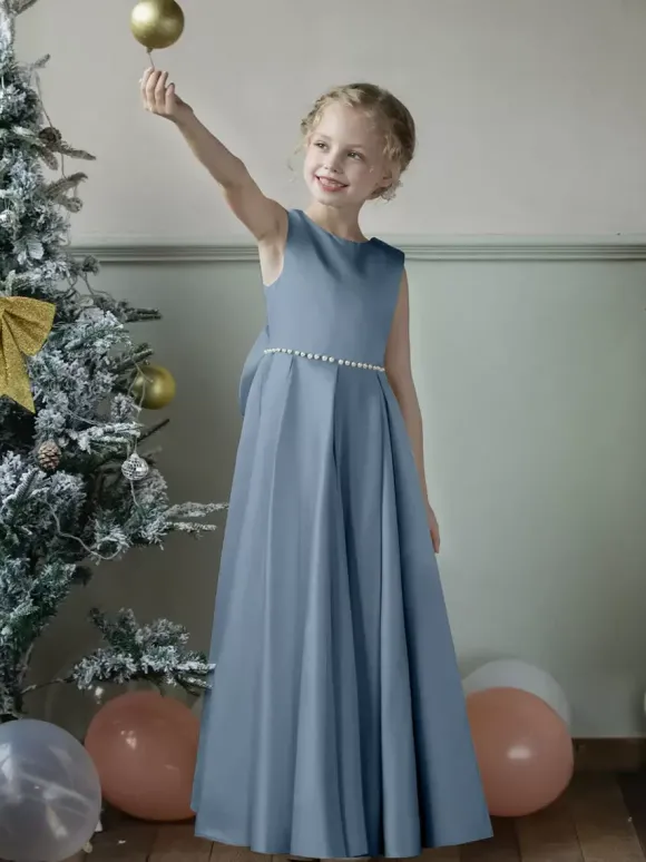 Robes de demoiselle d'honneur de mariage robes d'occasion spéciale bleu gris n艙uds sans manches
