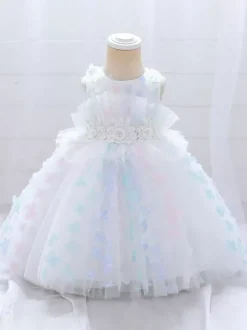 Robes de demoiselle d'honneur blanches robes d'occasion spéciale dentelle rose sans manches col bijou robes de demoiselle d'honneur