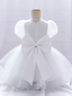 Robes de demoiselle d'honneur blanches robes d'occasion spéciale tissu en satin blanc manches courtes col bijou robes de demoiselle d'honneur