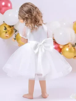 Robes de demoiselle d'honneur blanches robes d'occasion spéciale tissu en satin blanc manches courtes col bijou robes de demoiselle d'honneur