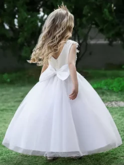 Robes de demoiselle d'honneur blanches robes d'occasion spéciale en Tulle rose sans manches col bijou robes de demoiselle d'honneur