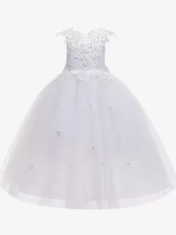 Robes de demoiselle d'honneur blanches robes d'occasion spéciale en Tulle rose sans manches col bijou robes de demoiselle d'honneur