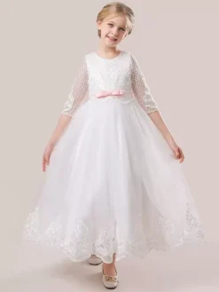 Robes de demoiselle d'honneur blanches en tulle blanc demi-manches col bijou robes de demoiselle d'honneur