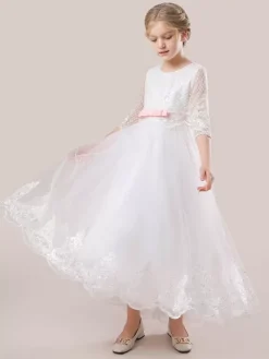 Robes de demoiselle d'honneur blanches en tulle blanc demi-manches col bijou robes de demoiselle d'honneur