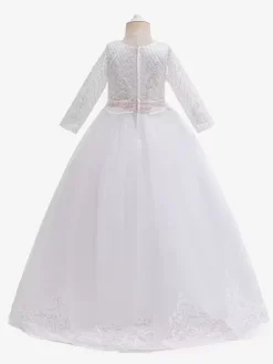 Robes de demoiselle d'honneur blanches en tulle blanc demi-manches col bijou robes de demoiselle d'honneur