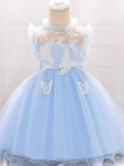 Robes de demoiselle d'honneur blanches robes d'occasion spéciale dentelle bleue sans manches col bijou robes de demoiselle d'honneur