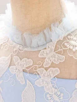 Robes de demoiselle d'honneur blanches robes d'occasion spéciale dentelle bleue sans manches col bijou robes de demoiselle d'honneur