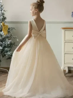 Robes de demoiselle d'honneur de mariage Robes d'occasion spéciale Champagne Perles sans manches