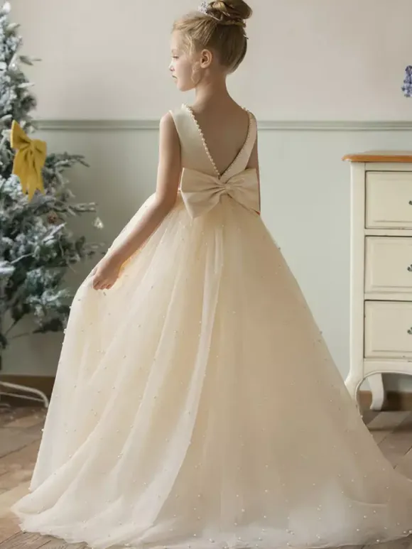 Robes de demoiselle d'honneur de mariage Robes d'occasion spéciale Champagne Perles sans manches