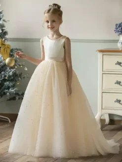 Robes de demoiselle d'honneur de mariage Robes d'occasion spéciale Champagne Perles sans manches
