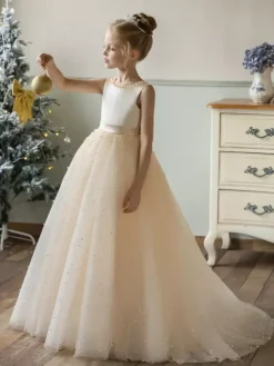 Robes de demoiselle d'honneur de mariage Robes d'occasion spéciale Champagne Perles sans manches