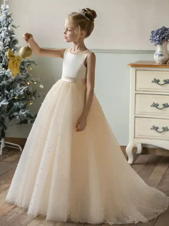 Robes de demoiselle d'honneur de mariage Robes d'occasion spéciale Champagne Perles sans manches