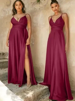 Robes de demoiselle d'honneur ligne a longueur au sol fermeture éclair tissu satiné robe de soirée de mariage