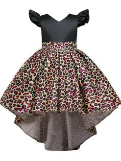 Robes de demoiselle d'honneur jaunes avec train col en V sans manches imprimé léopard robes de soirée pour enfants