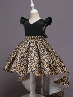 Robes de demoiselle d'honneur jaunes avec train col en V sans manches imprimé léopard robes de soirée pour enfants