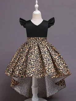 Robes de demoiselle d'honneur jaunes avec train col en V sans manches imprimé léopard robes de soirée pour enfants