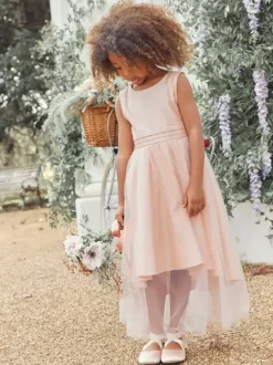 Robes de demoiselle d'honneur blanches en tulle ivoire sans manches à col bijou