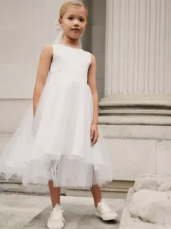 Robes de demoiselle d'honneur blanches en tulle ivoire sans manches à col bijou