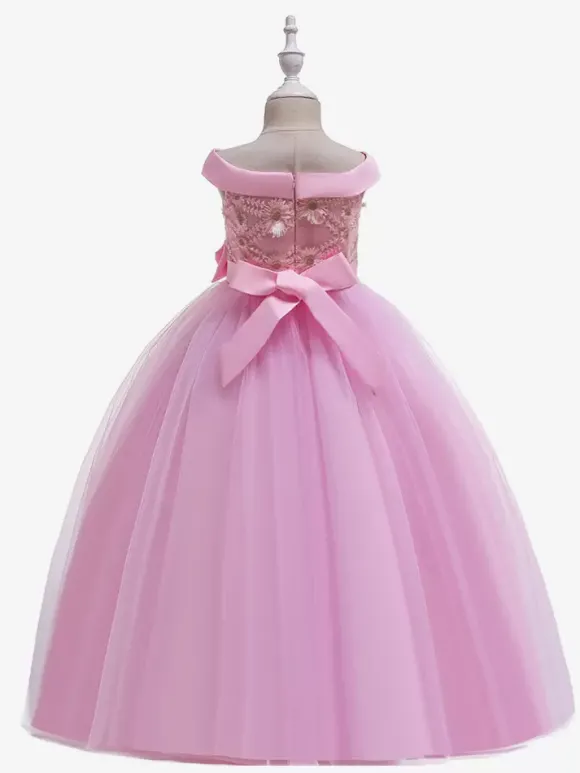 Robes de fille de fleur blanche Robes d'occasion spéciale Tulle blanc sans manches Col bateau Robes de fille de fleur