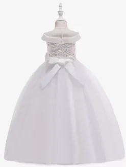 Robes de fille de fleur blanche Robes d'occasion spéciale Tulle blanc sans manches Col bateau Robes de fille de fleur