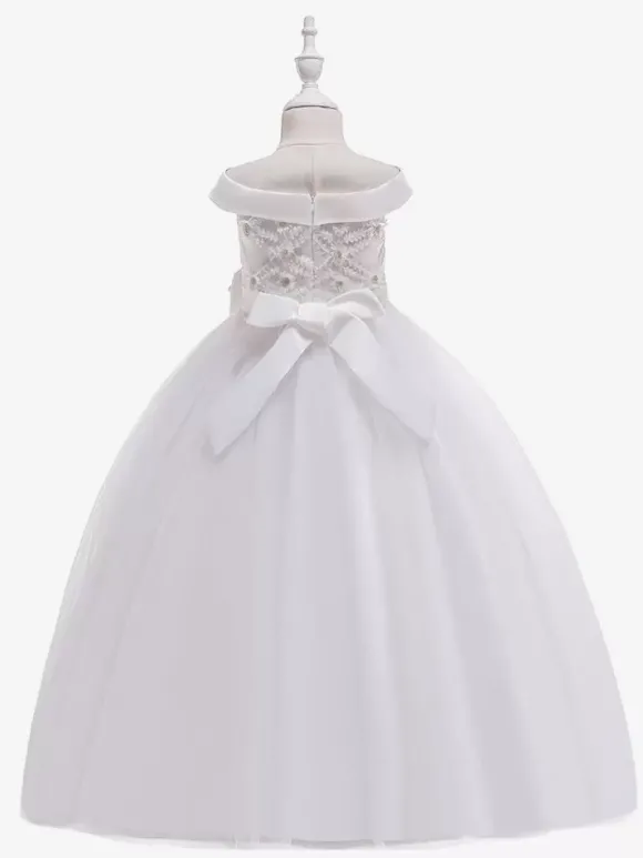Robes de fille de fleur blanche Robes d'occasion spéciale Tulle blanc sans manches Col bateau Robes de fille de fleur