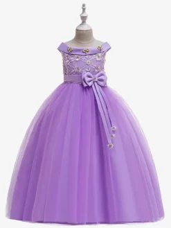 Robes de fille de fleur blanche Robes d'occasion spéciale Tulle blanc sans manches Col bateau Robes de fille de fleur