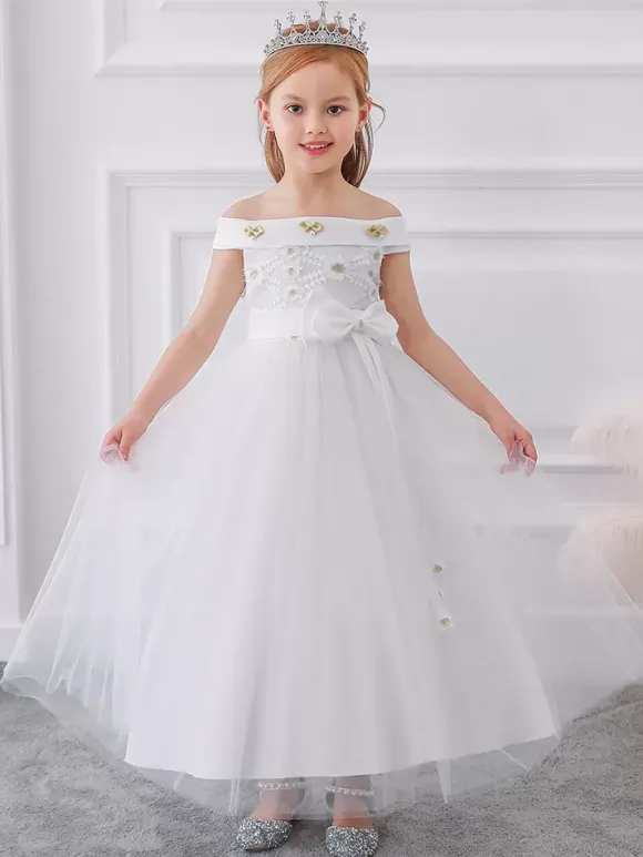 Robes de fille de fleur blanche Robes d'occasion spéciale Tulle blanc sans manches Col bateau Robes de fille de fleur